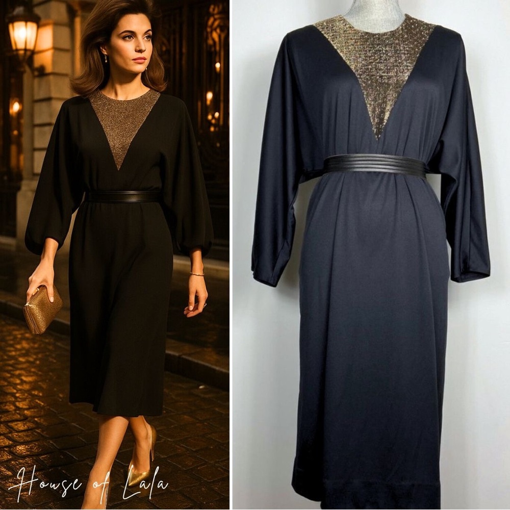 Vintage 80s 90s Black Cocktail Dress Gold Detail. Formal Gown